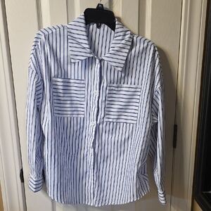 SHEIN Women's White and Blue Striped Blouse